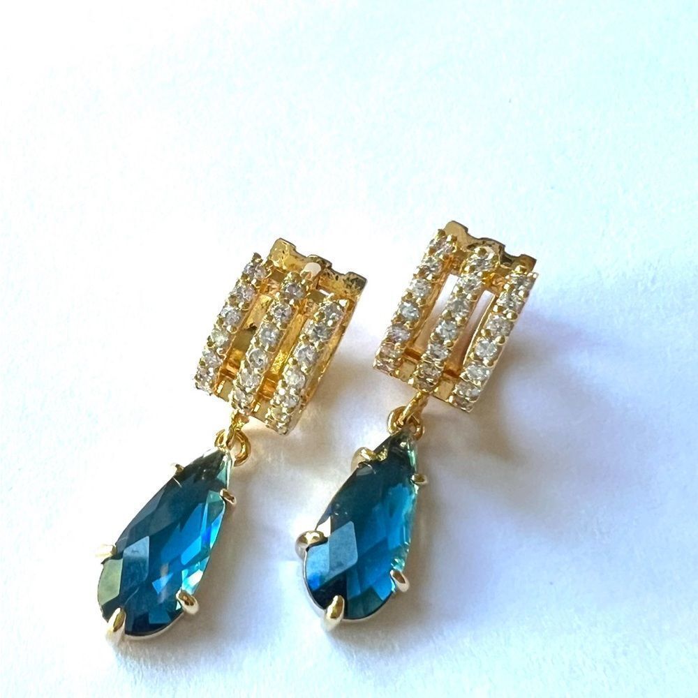 Blue crystal hung on gold huggie hoops great gift